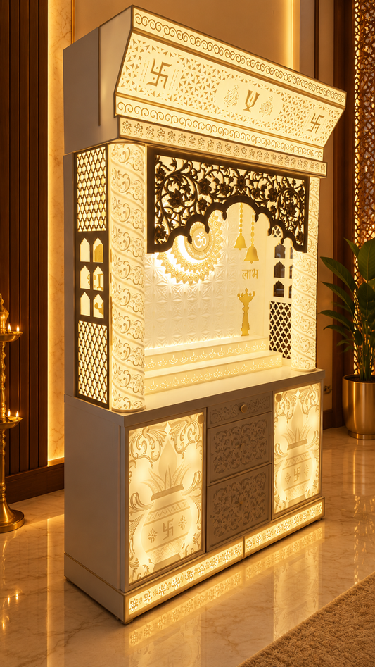 Grand backlit home mandir side view with illuminated crown and jali panels