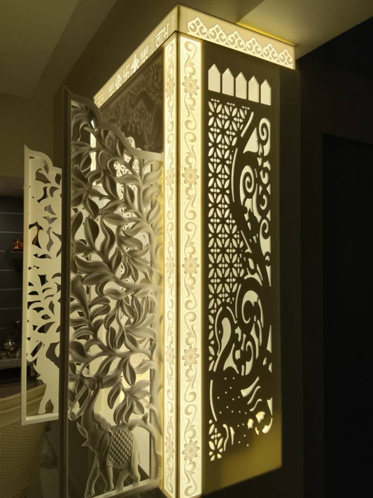 Open side view of premium Corian mandir showing the carved door and illuminated side panel