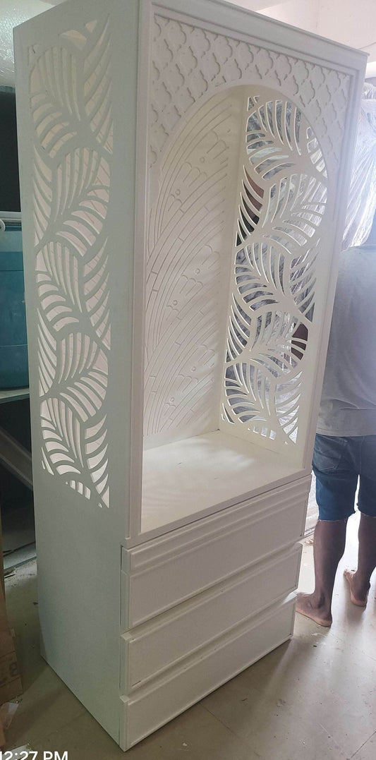 Corian Mandir design for home Banaleaf leaf jaali pattern - Home temple