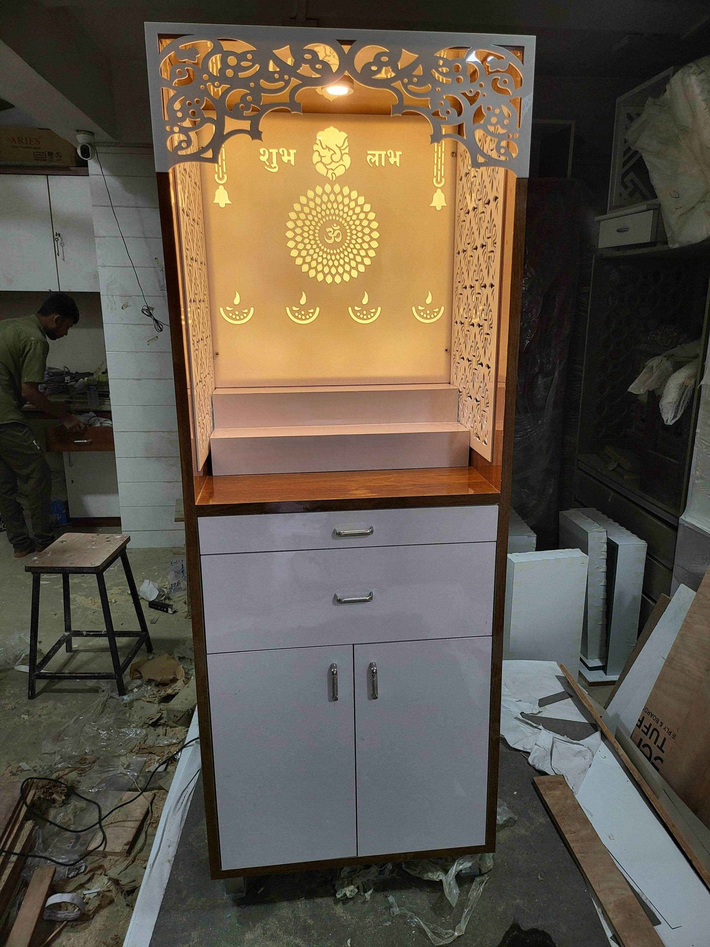 Acrylic Mandir for Home with storage Unit