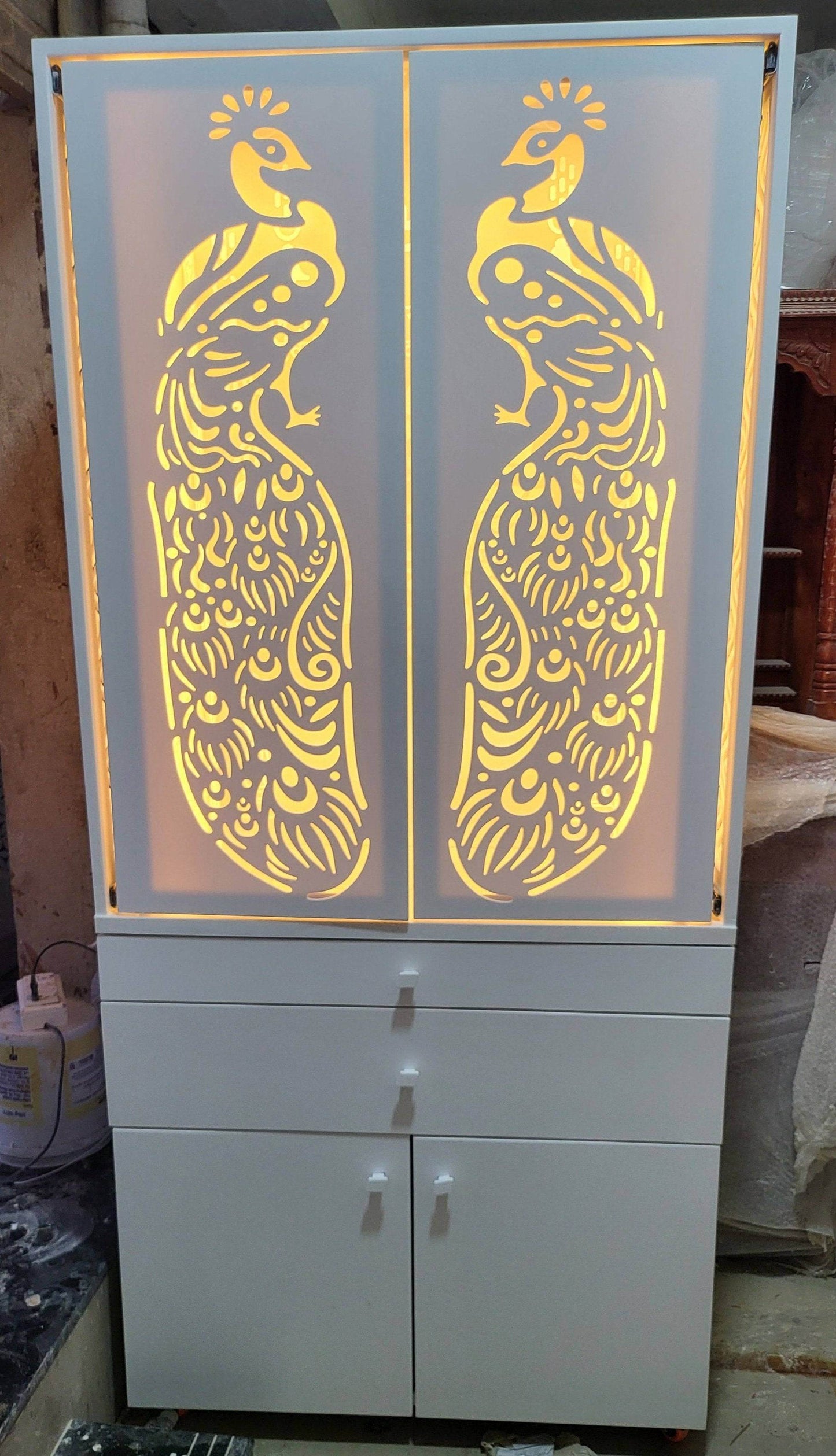 Corian Home Temple with slding doors and storage cabinet - Home temple
