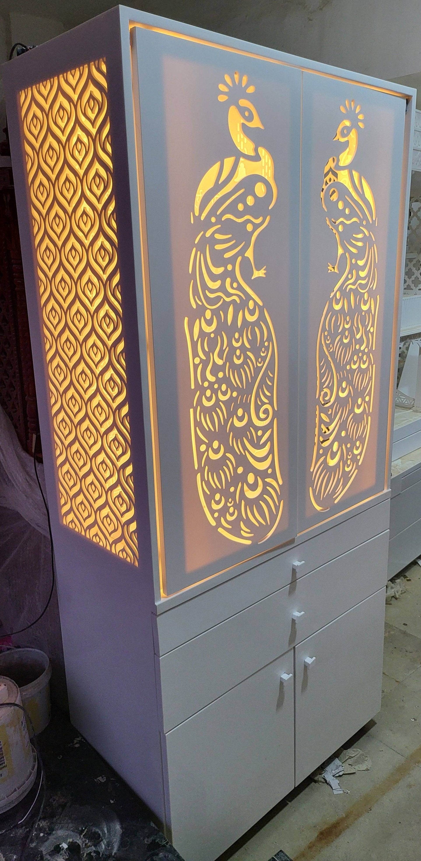 Corian Home Temple with slding doors and storage cabinet - Home temple