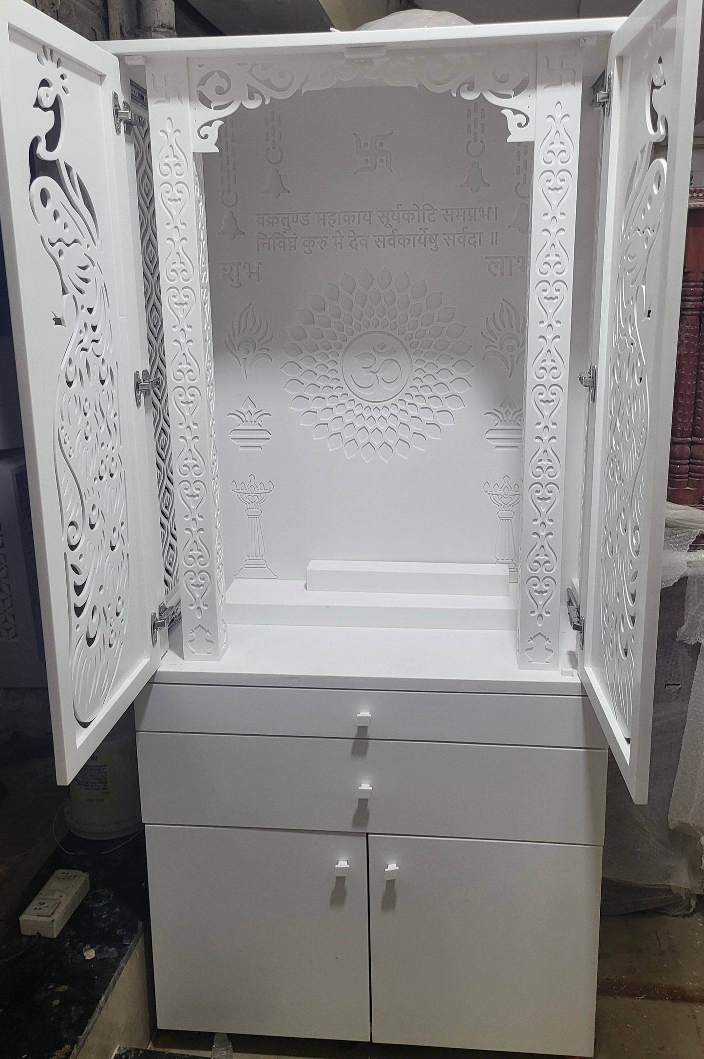 Corian Home Temple with slding doors and storage cabinet - Home temple