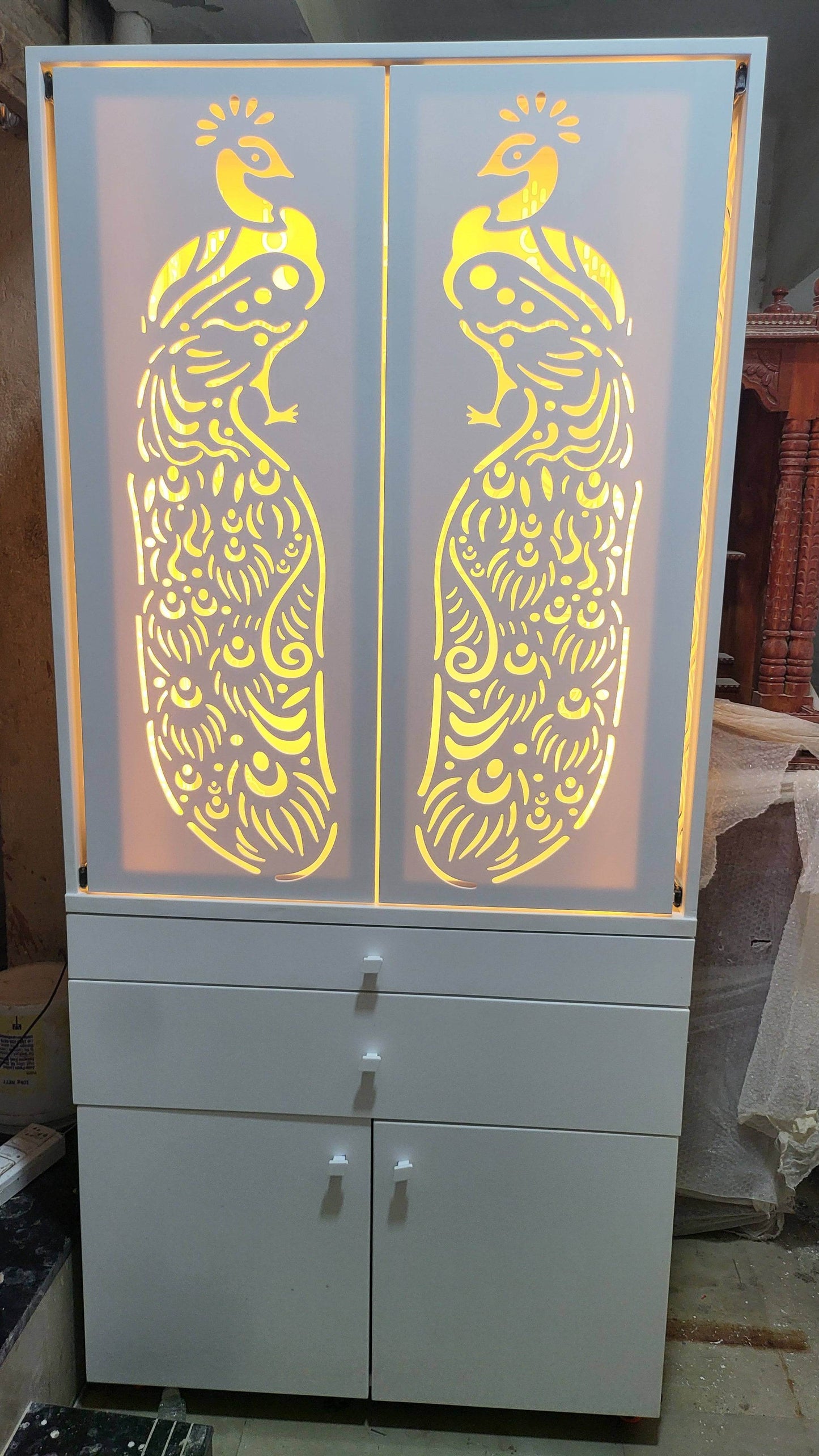 Corian Home Temple with slding doors and storage cabinet - Home temple