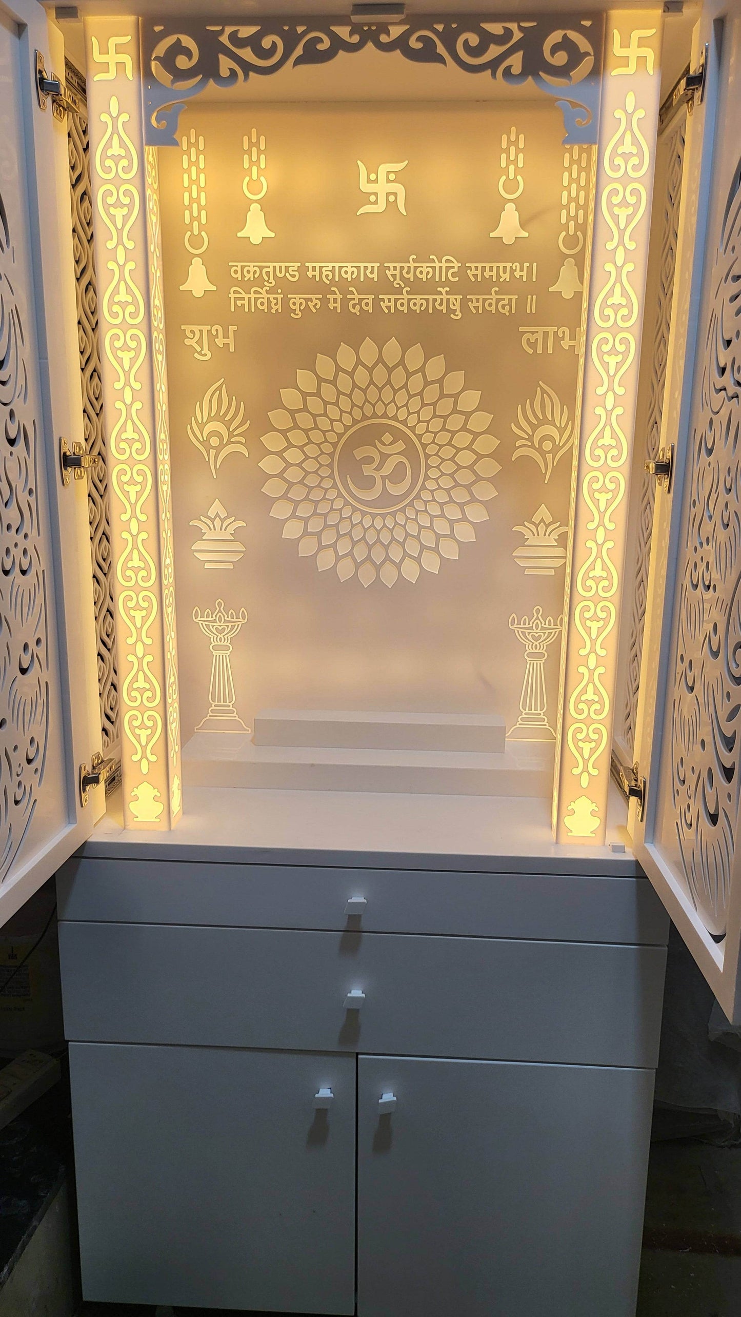 Corian Home Temple with slding doors and storage cabinet - Home temple