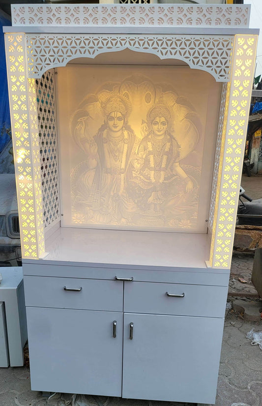3d Designer corian mandir manufacturer in Mumbai with Backlit Vishnu laxmi - Home temple