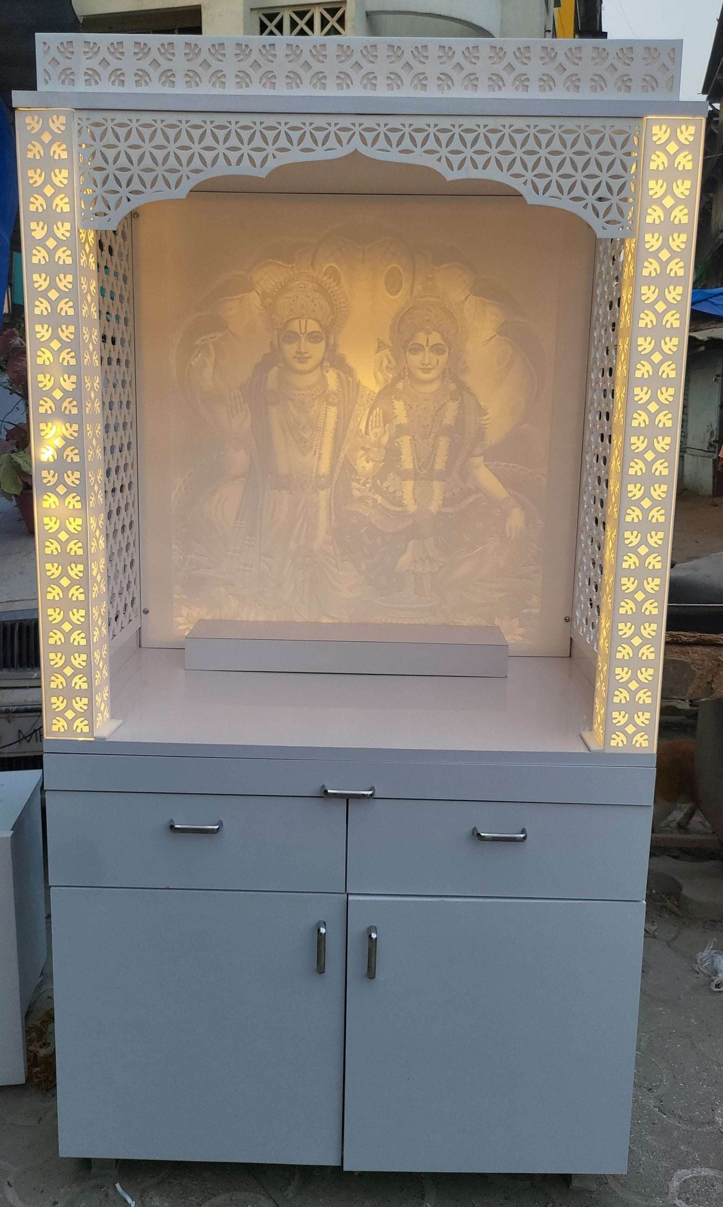 3d Designer corian mandir manufacturer in Mumbai with Backlit Vishnu laxmi - Home temple