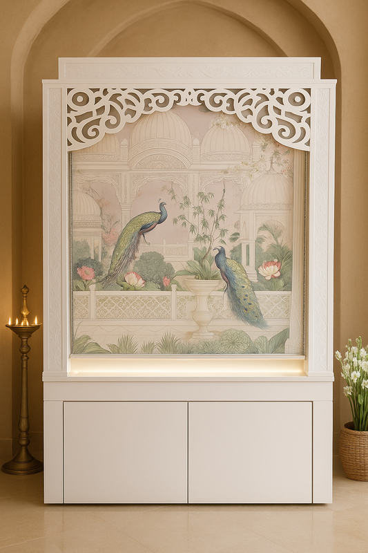 Large Corian Temple with Sitting Stand and Roller Curtain — Luxury Indian Home Interior — Satguru Creations