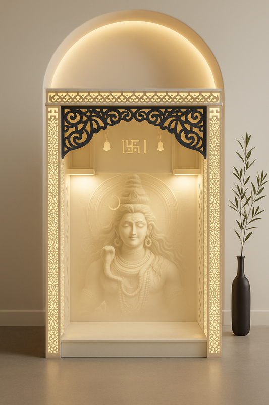 3D Corian Temple Shiva Adiyogi with Backlit Pillars — Luxury Indian Home Interior — Satguru Creations