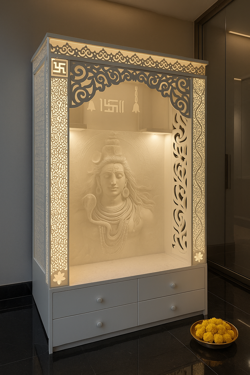 3D Corian Temple Shiva Adiyogi with Backlit Pillars — Luxury Indian Home Interior — Satguru Creations