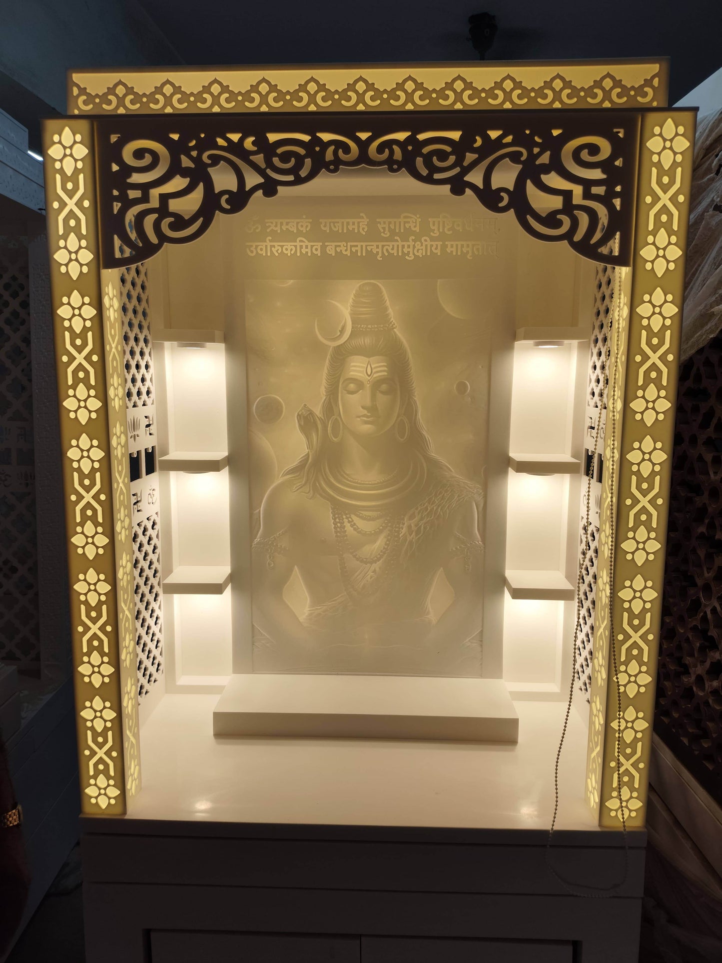 3d corian mandir with sitting stand and roller curtain - Home temple