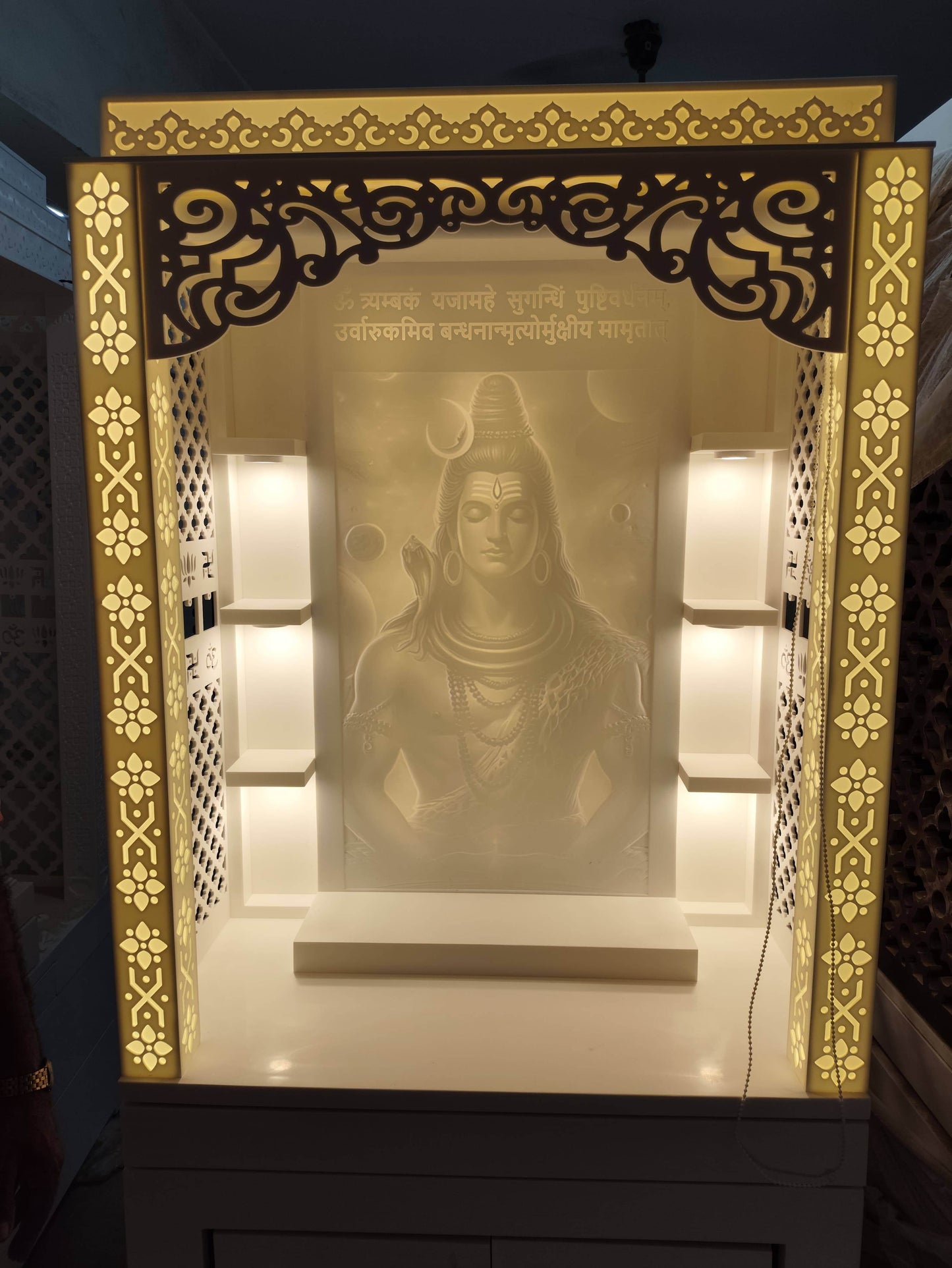 3d corian mandir with sitting stand and roller curtain - Home temple