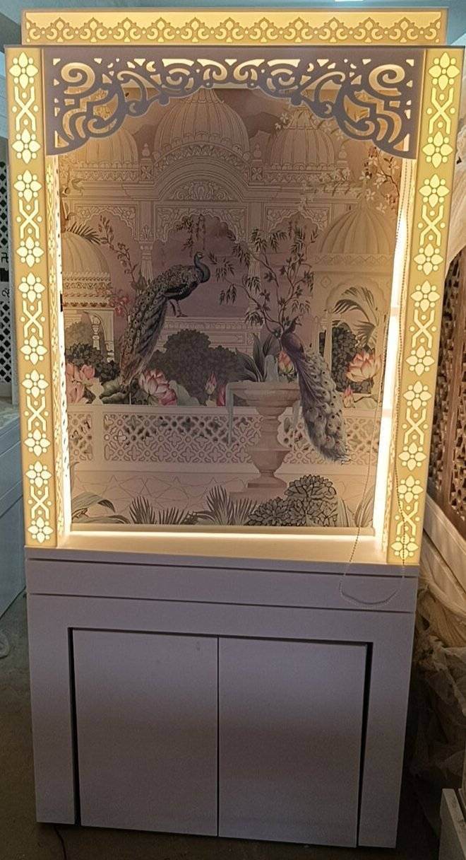 3d corian mandir with sitting stand and roller curtain - Home temple