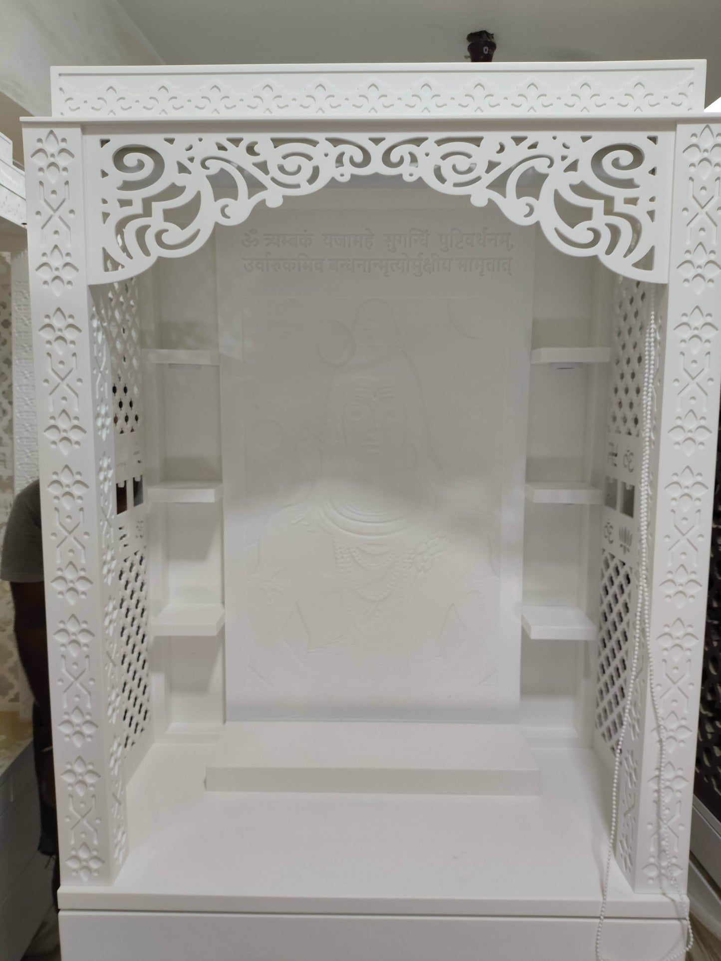 3d corian mandir with sitting stand and roller curtain - Home temple