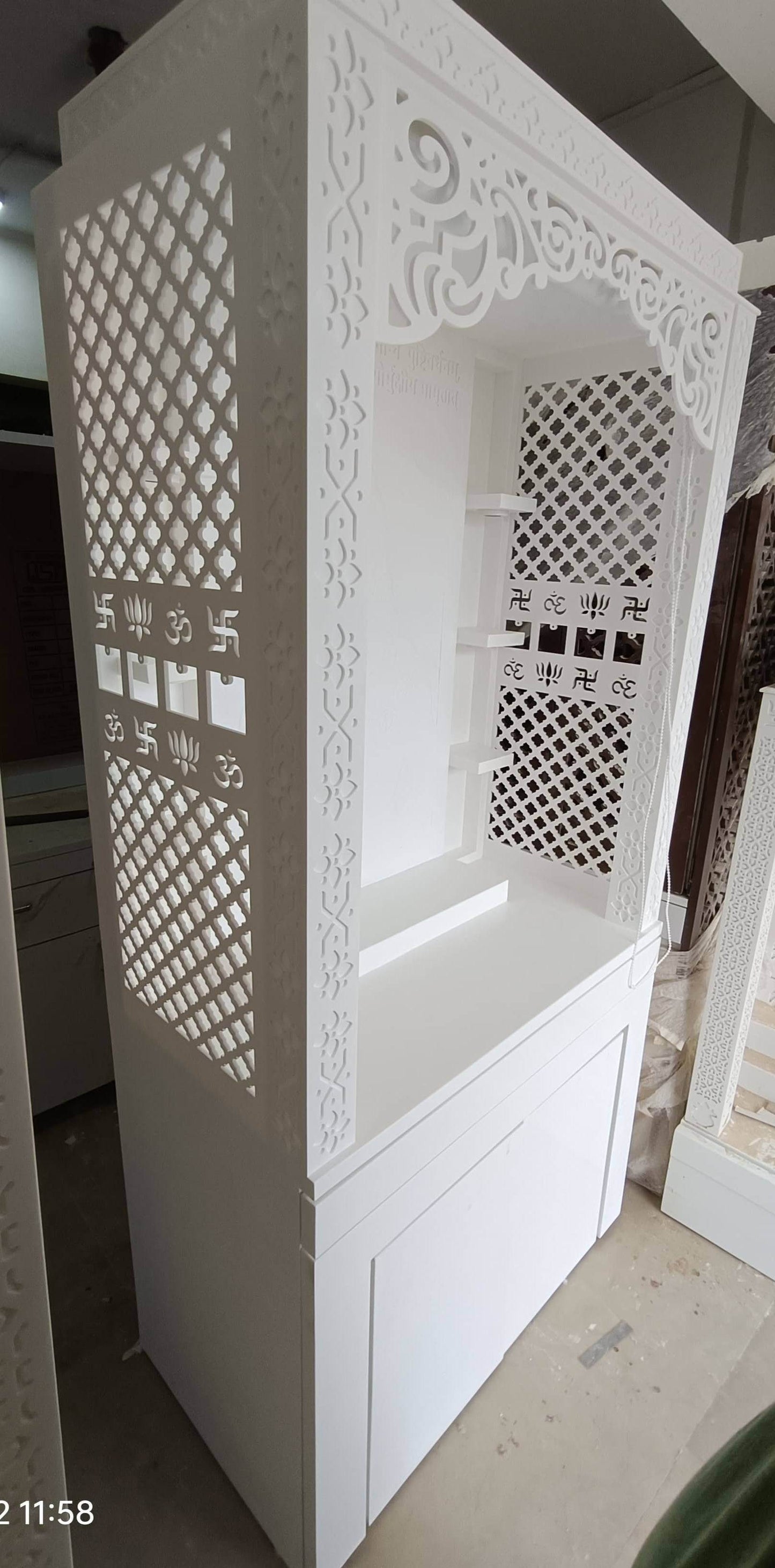 3d corian mandir with sitting stand and roller curtain - Home temple