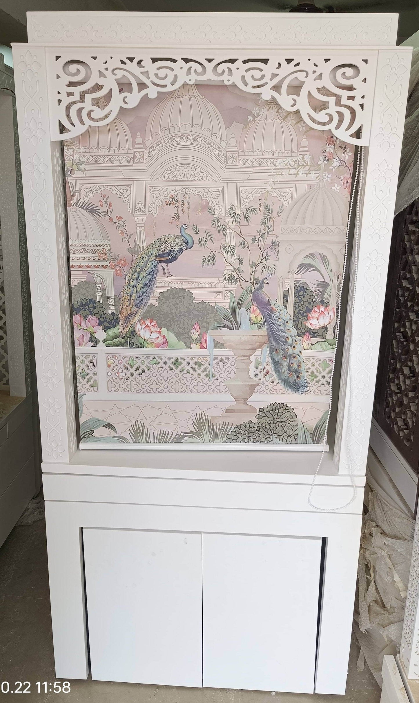 3d corian mandir with sitting stand and roller curtain - Home temple