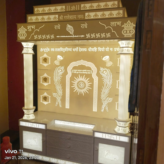 Damru Pillar Corian Temple with Backlit Design - Premium Corian Mandir - Solid Surface Temple - Satguru Creations