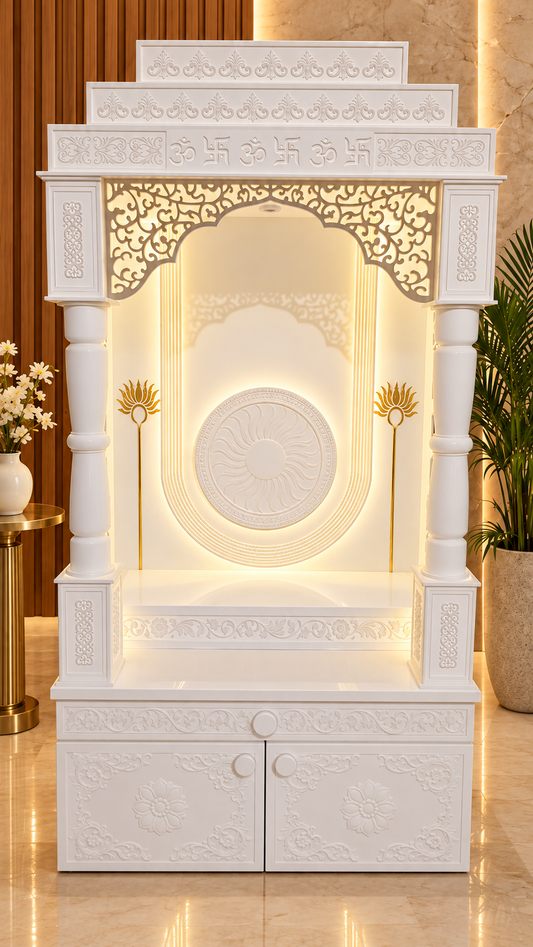 White Corian mandir front view with three step crown round pillars lotus mandala and storage