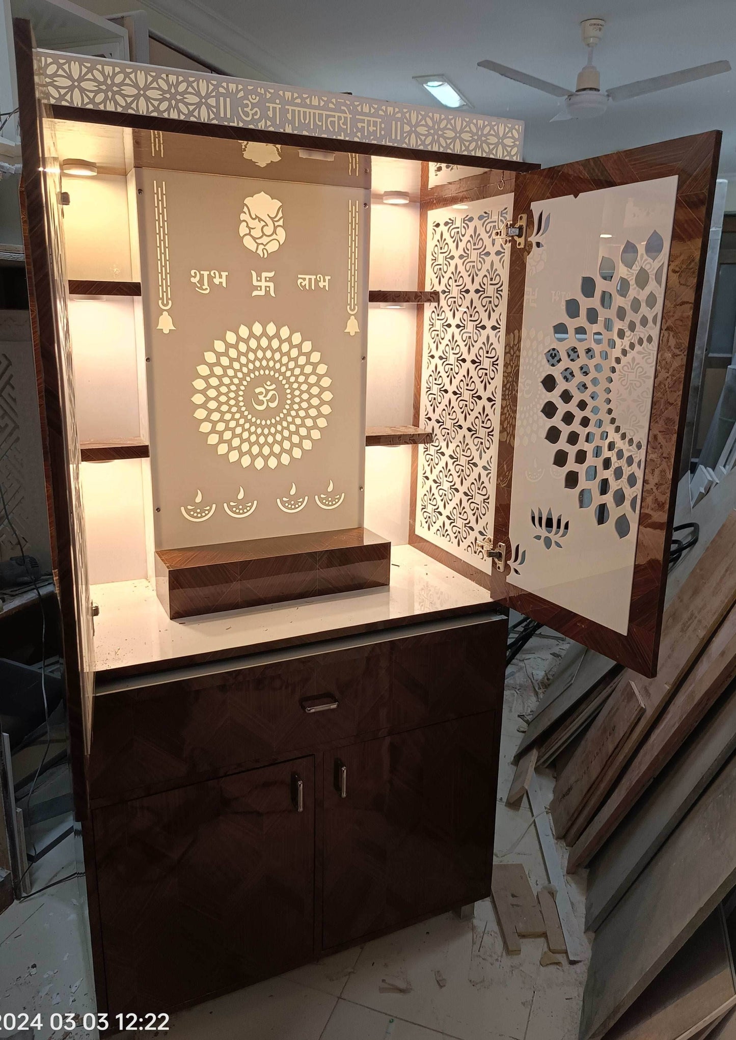 Acrylic Home Temple with doors and floating shelves - Home temple