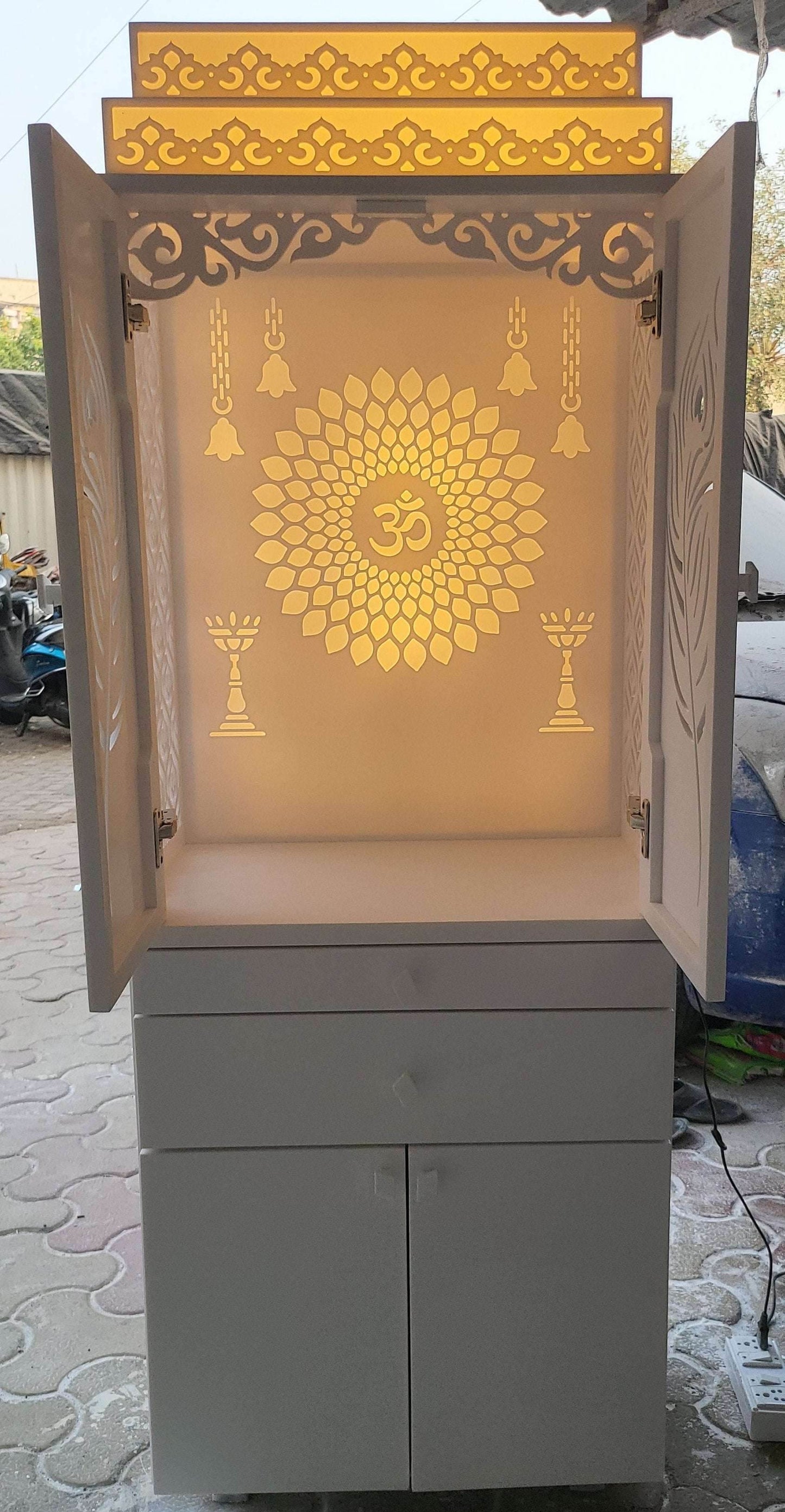 White corian Home Temple with doors - Home temple