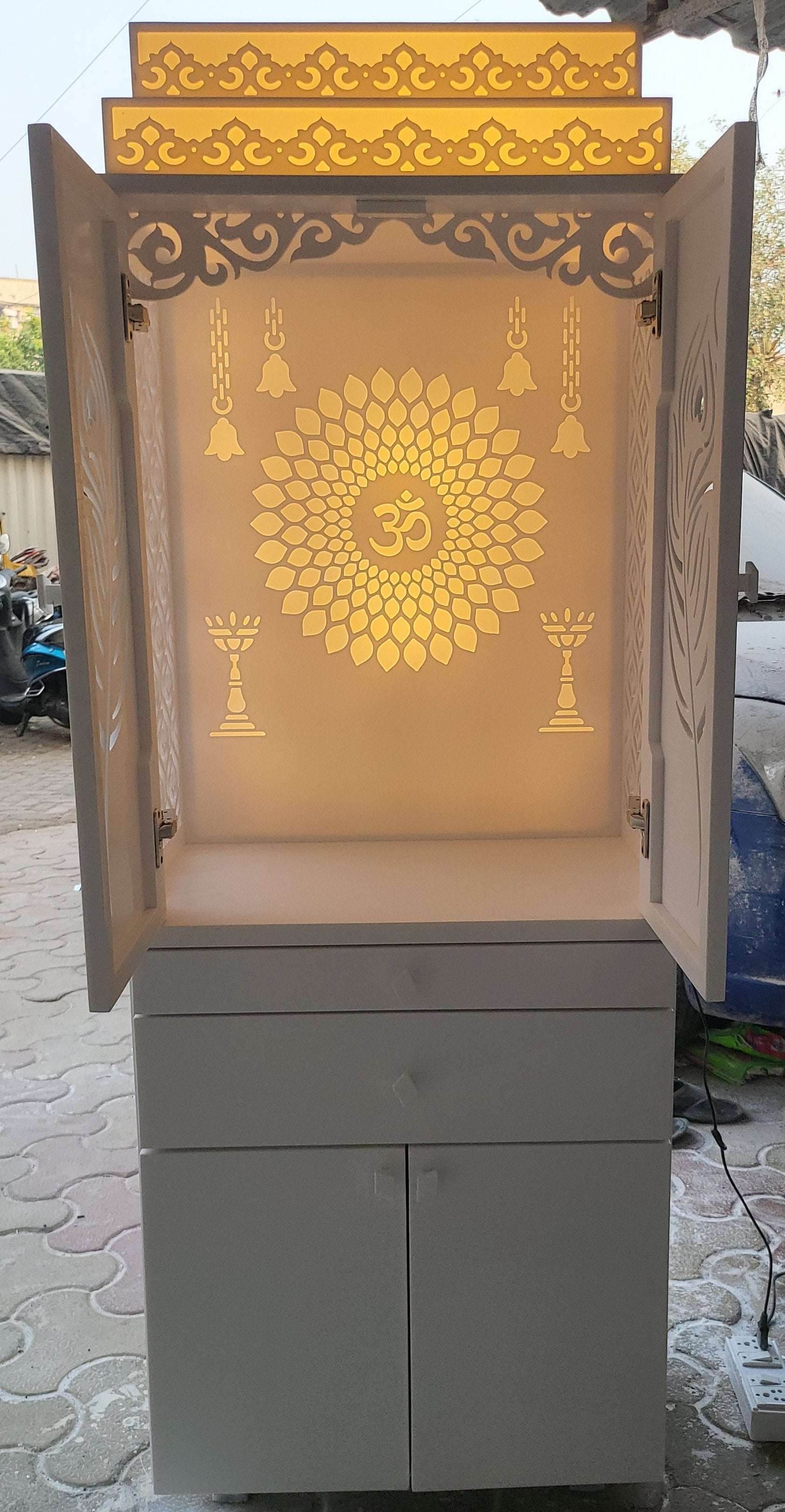 White corian Home Temple with doors - Home temple