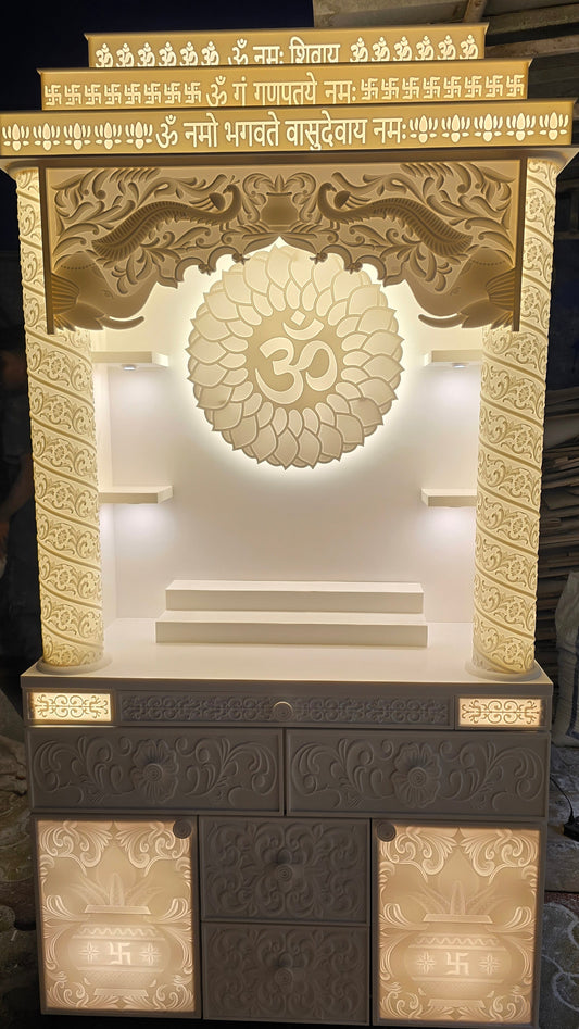 3D Backlit Jali Corian Temple — Peacock Elephant Mandir - Premium Corian Mandir - Solid Surface Temple - Satguru Creations