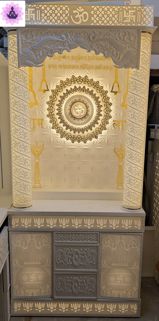 Luxury White Gold Large Corian Temple 3D Round Pillars - Premium Corian Mandir - Solid Surface Temple - Satguru Creations