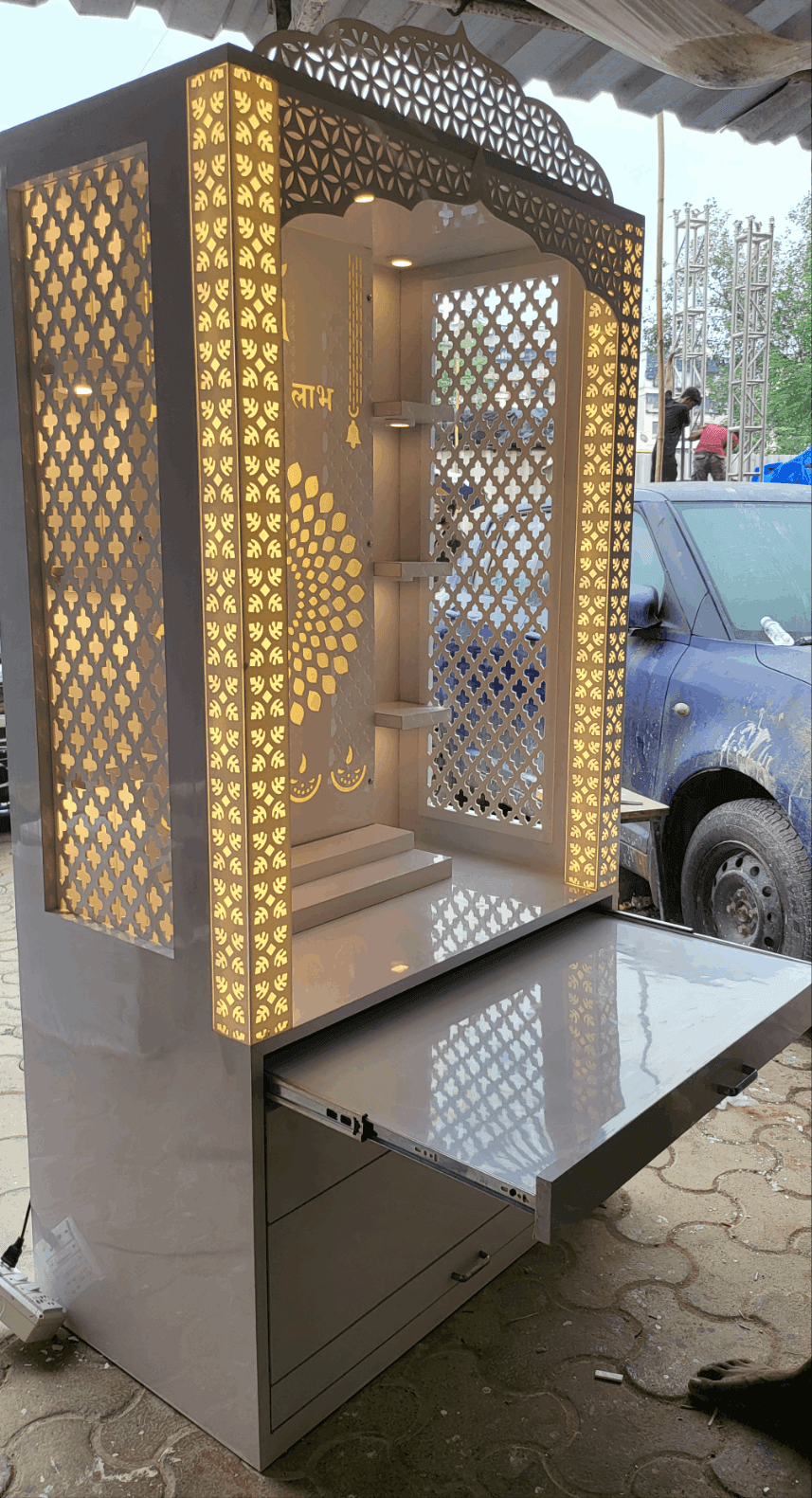 Elegant acrylic mandir design for home Om backlit - Home temple