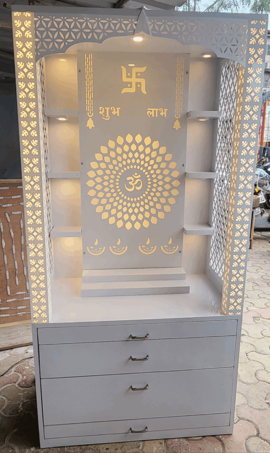 Elegant acrylic mandir design for home Om backlit - Home temple