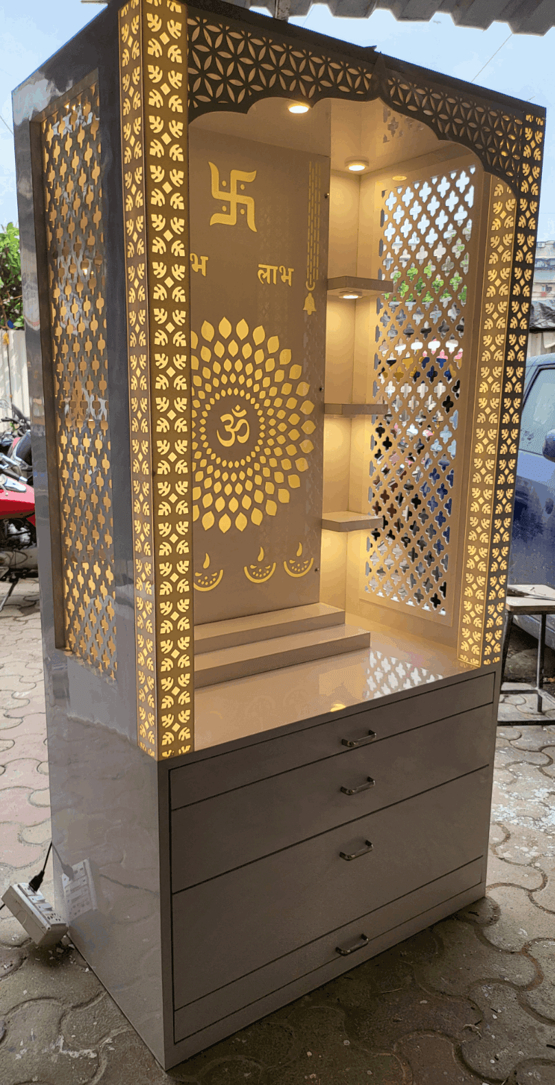 Elegant acrylic mandir design for home Om backlit - Home temple