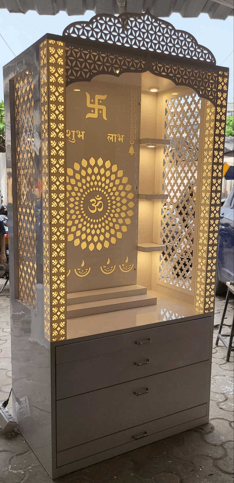 Elegant acrylic mandir design for home Om backlit - Home temple