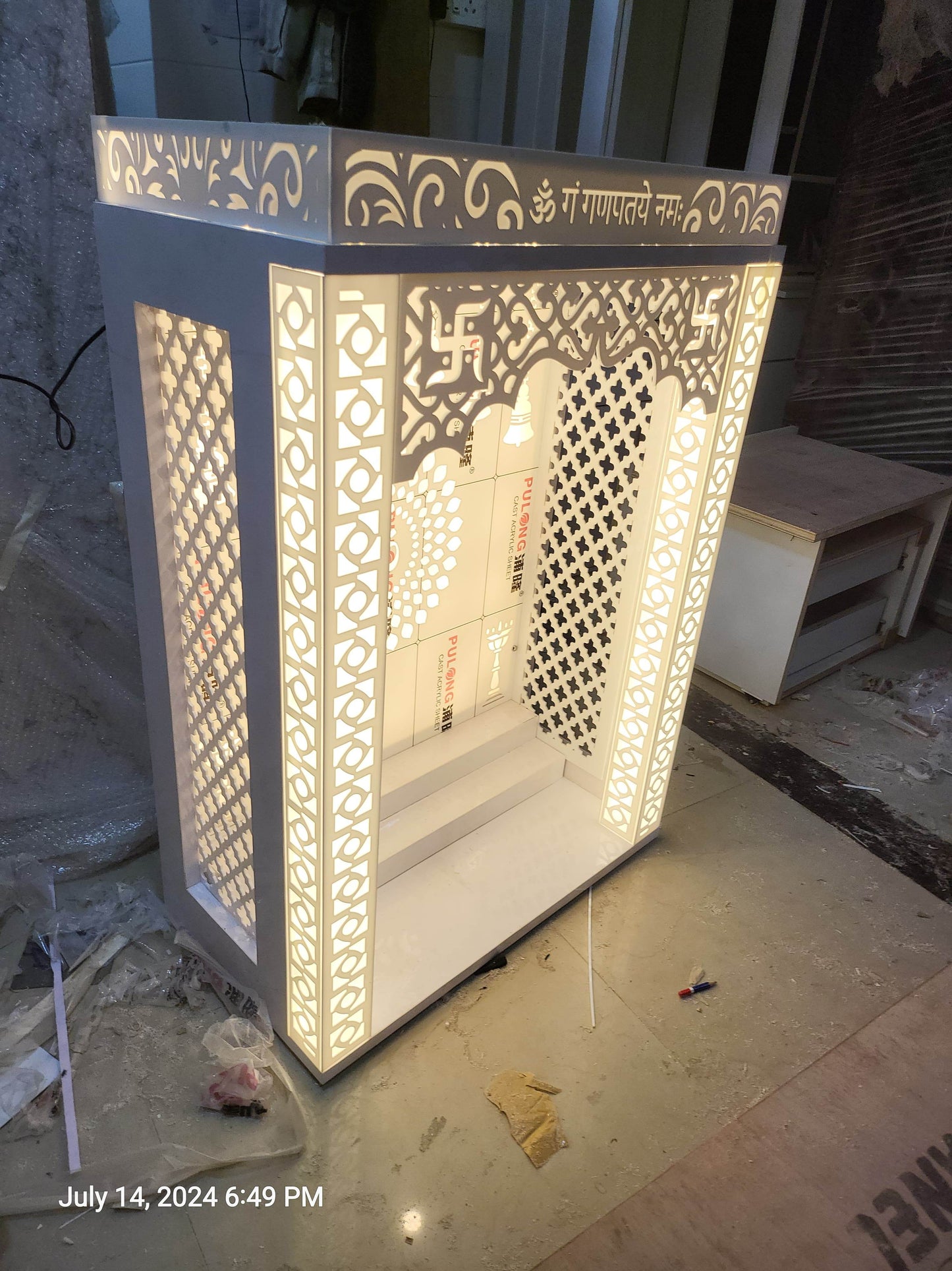 Acrylic Mandir for home with backlit pillars (wallmount Pooja mandir acrylic on backlit design) - Home temple