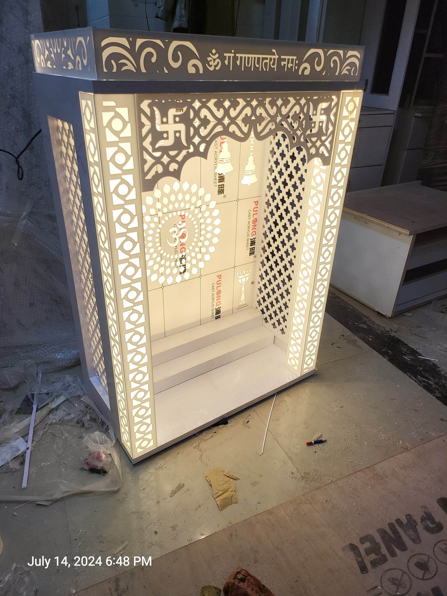 Acrylic Mandir for home with backlit pillars (wallmount Pooja mandir acrylic on backlit design) - Home temple