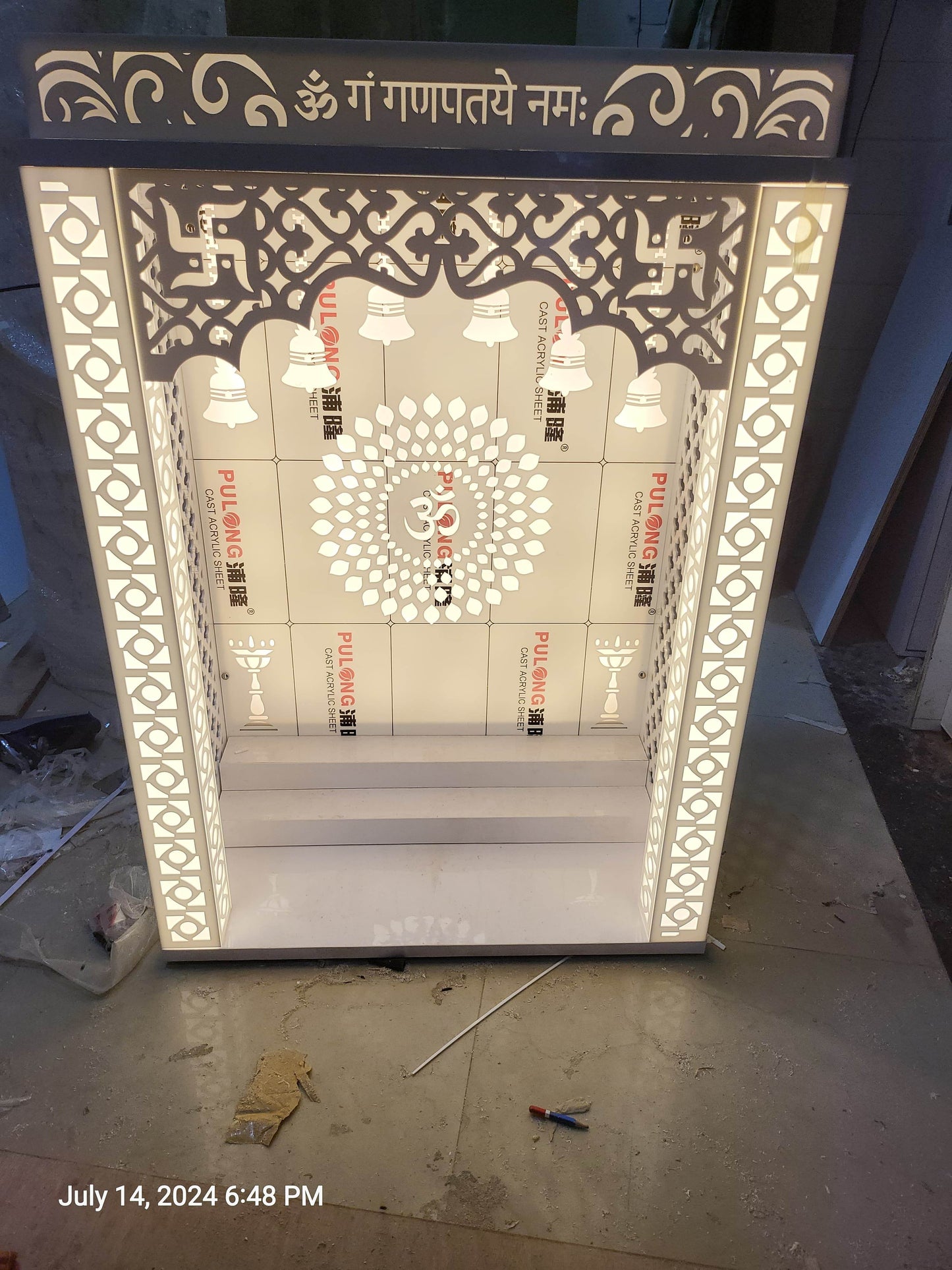 Acrylic Mandir for home with backlit pillars (wallmount Pooja mandir acrylic on backlit design) - Home temple