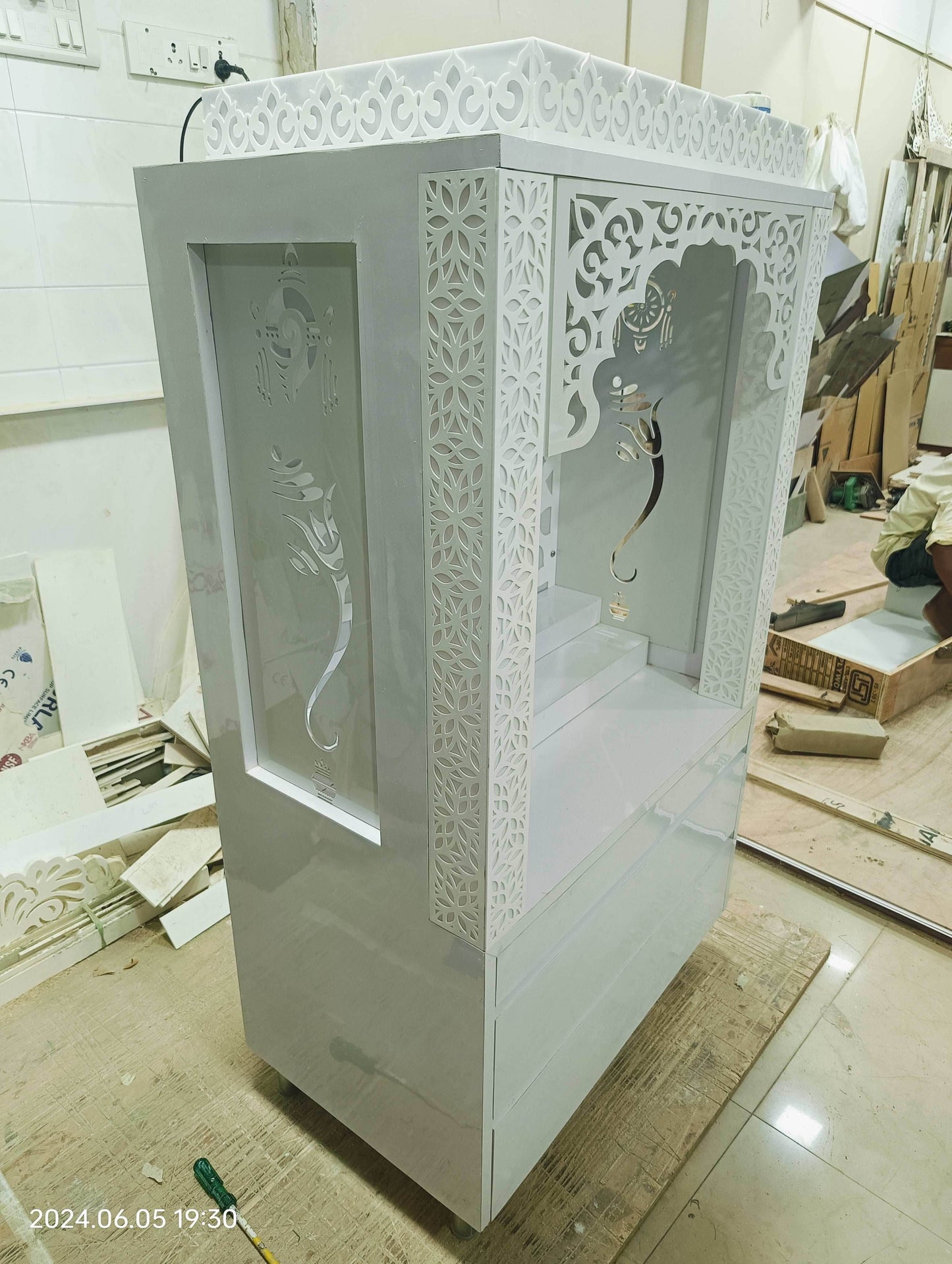 Acrylic Mandir compact with backlit pillars - Home temple