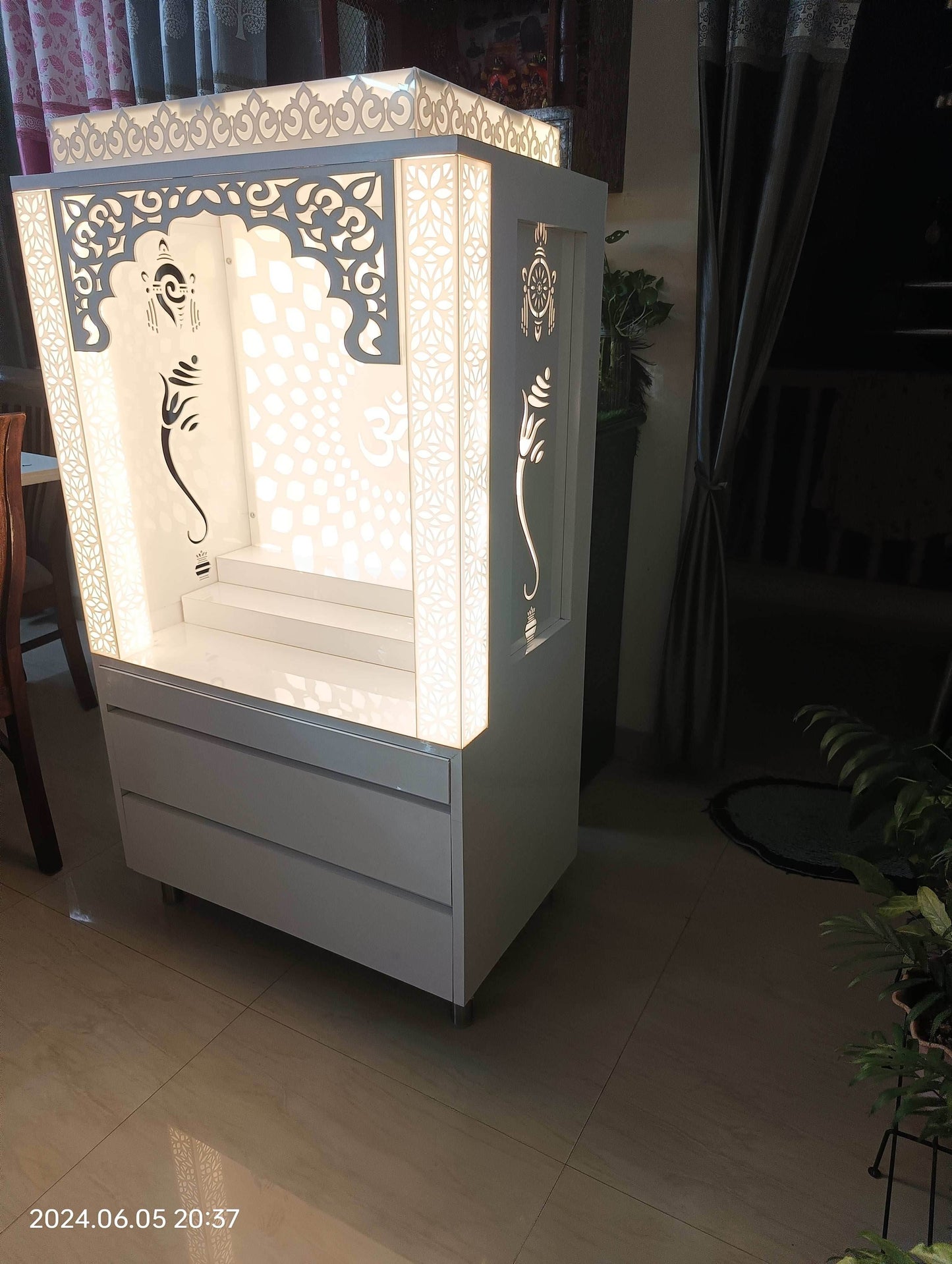 Acrylic Mandir compact with backlit pillars - Home temple