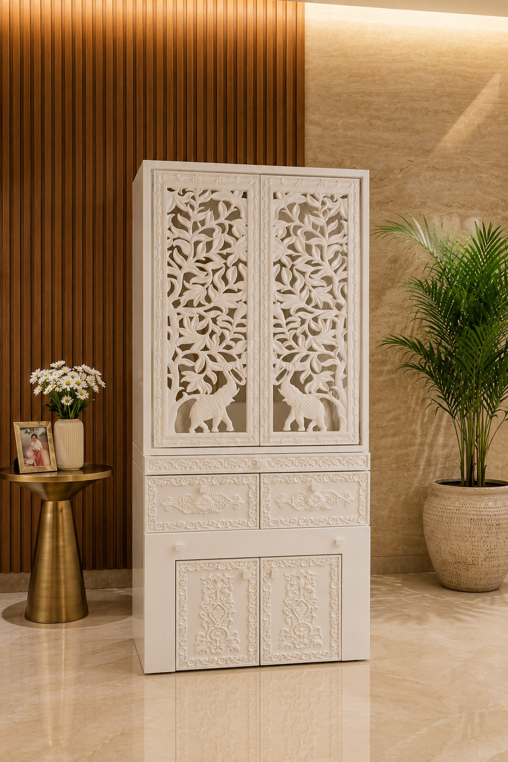 White Corian mandir with doors and sitting platform, daylight view of 3D carved panels