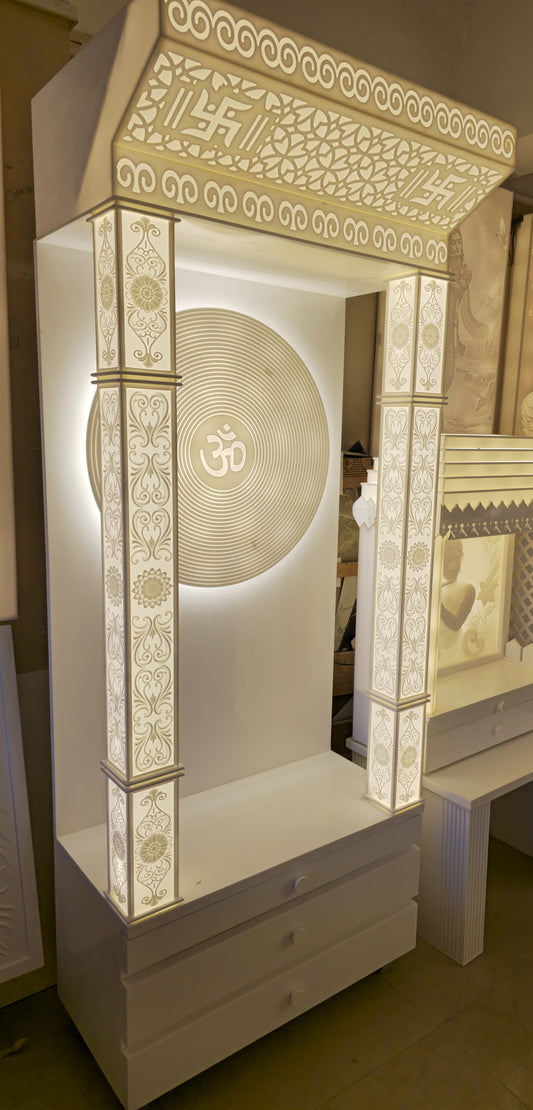 Large Backlit Corian Temple Om Sound Wave Ripple Design - Premium Corian Mandir - Solid Surface Temple - Satguru Creations