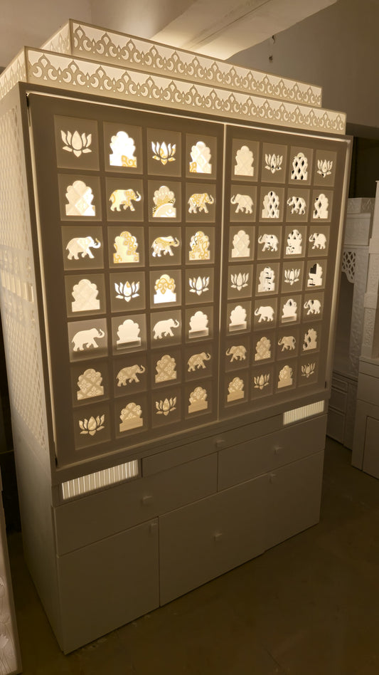 Luxury Large Corian Temple Sliding Door Multi-Layer Jali - Premium Corian Mandir - Solid Surface Temple - Satguru Creations