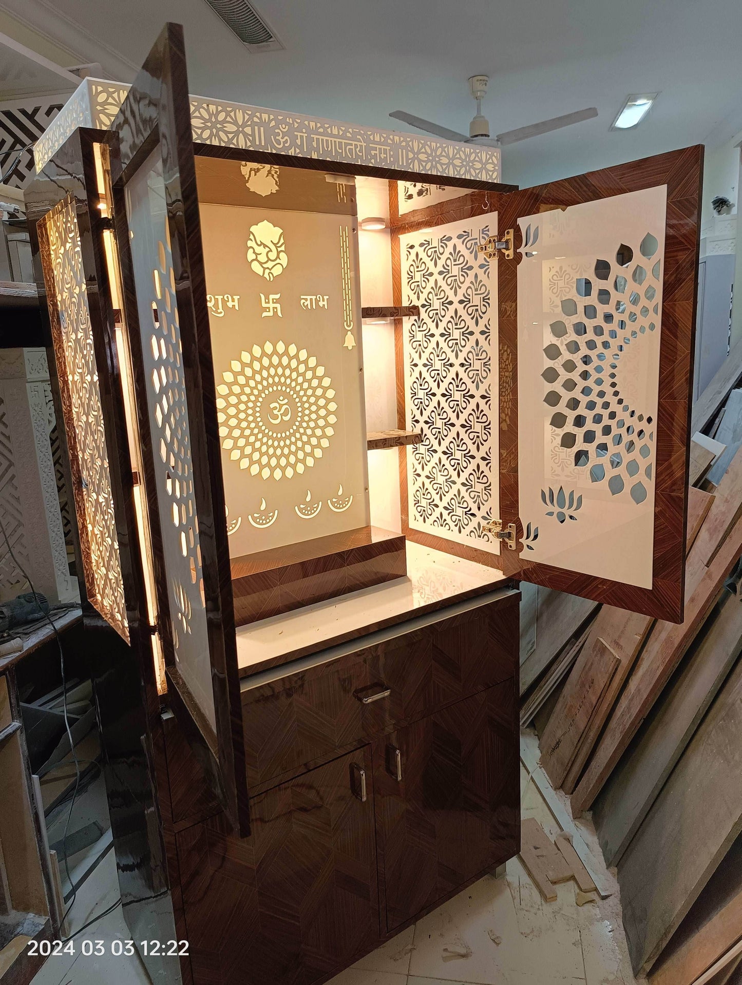 Acrylic Home Temple with doors and floating shelves - Home temple