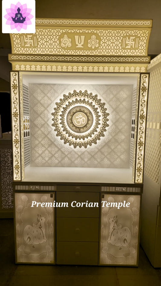 Premium 3D Backlit Corian Temple with Om Mandala - Premium Corian Mandir - Solid Surface Temple - Satguru Creations