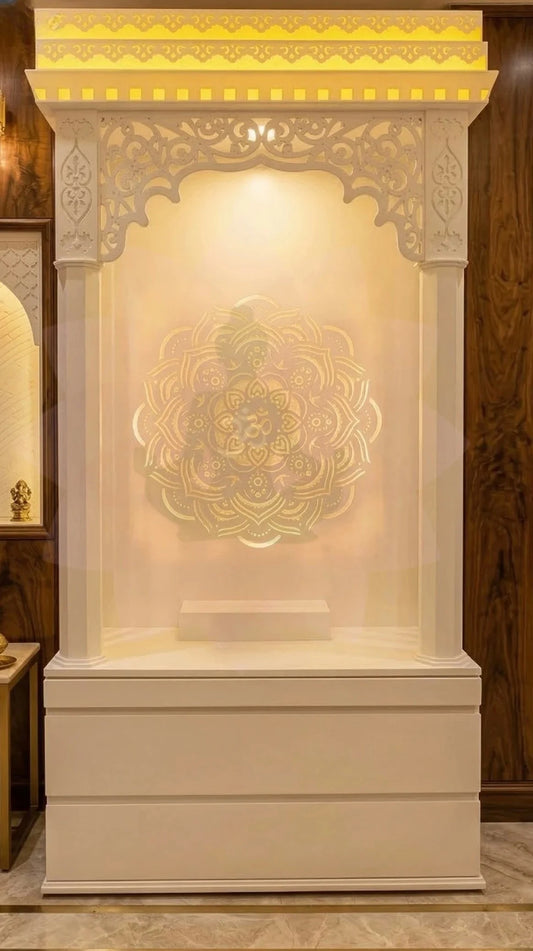 Beautiful Carving Pattern Corian Mandir for Home – hero front view by Satguru Creations Mumbai since 1975