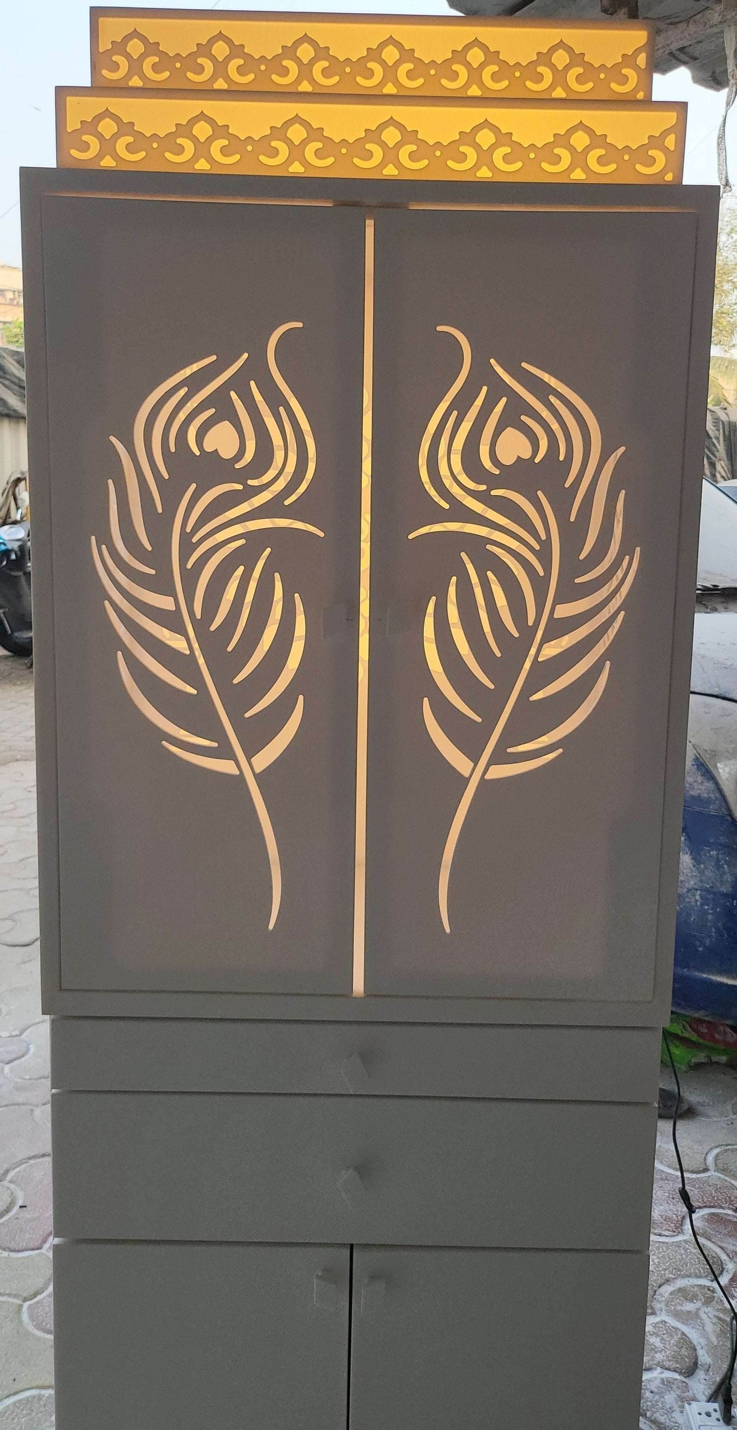 White corian Home Temple with doors - Home temple