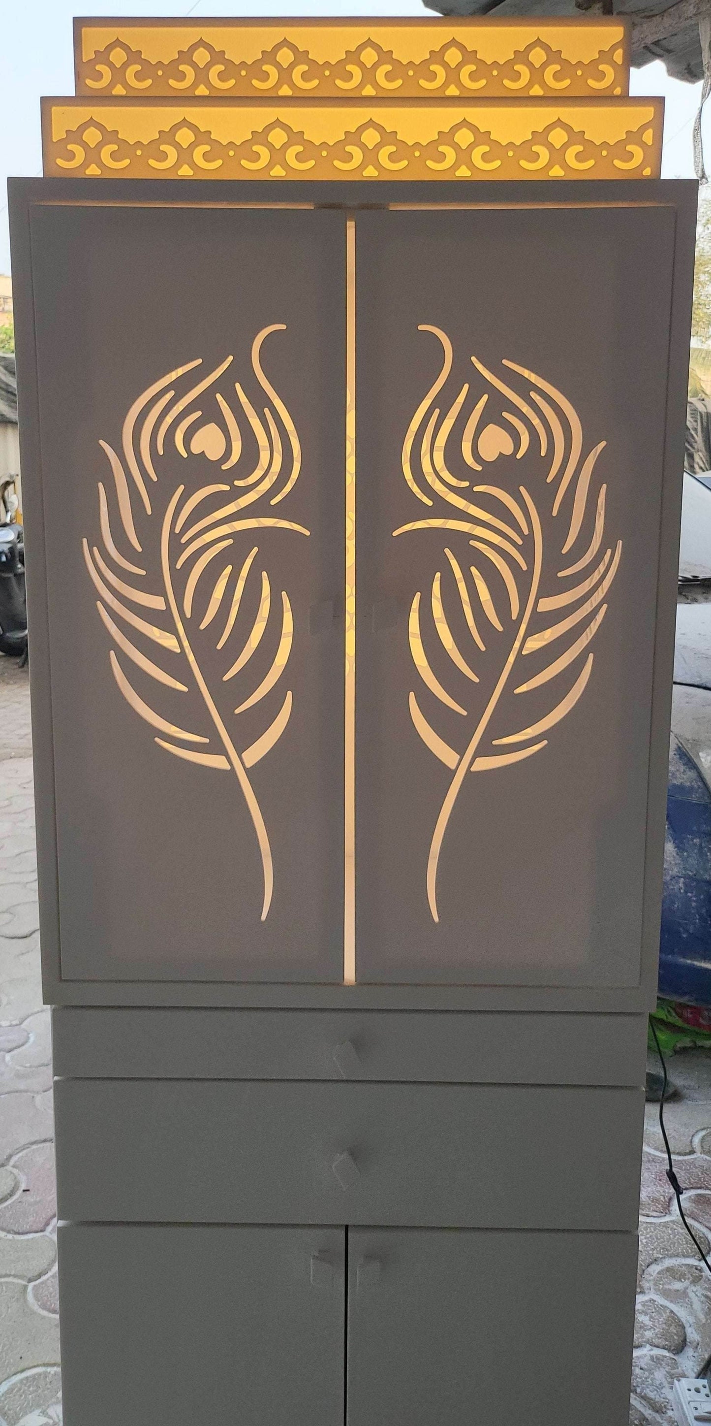 White corian Home Temple with doors - Home temple