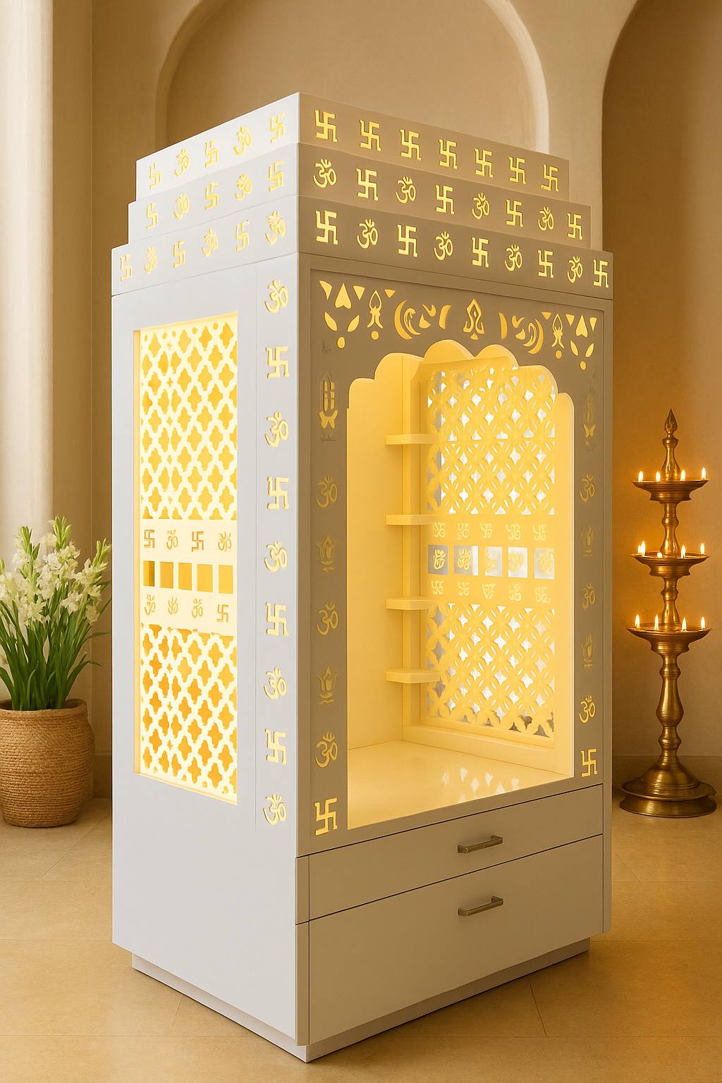 Om Swastik Backlit Acrylic Corian Mandir for Home — Luxury Indian Home Interior — Satguru Creations