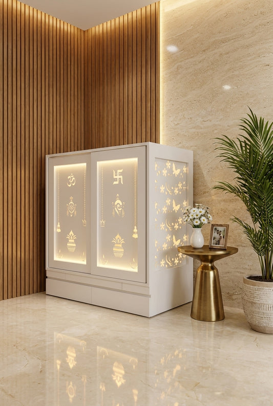 Acrylic Home Temple with Pocket Doors and Drawers — Luxury Home Interior — Satguru Creations