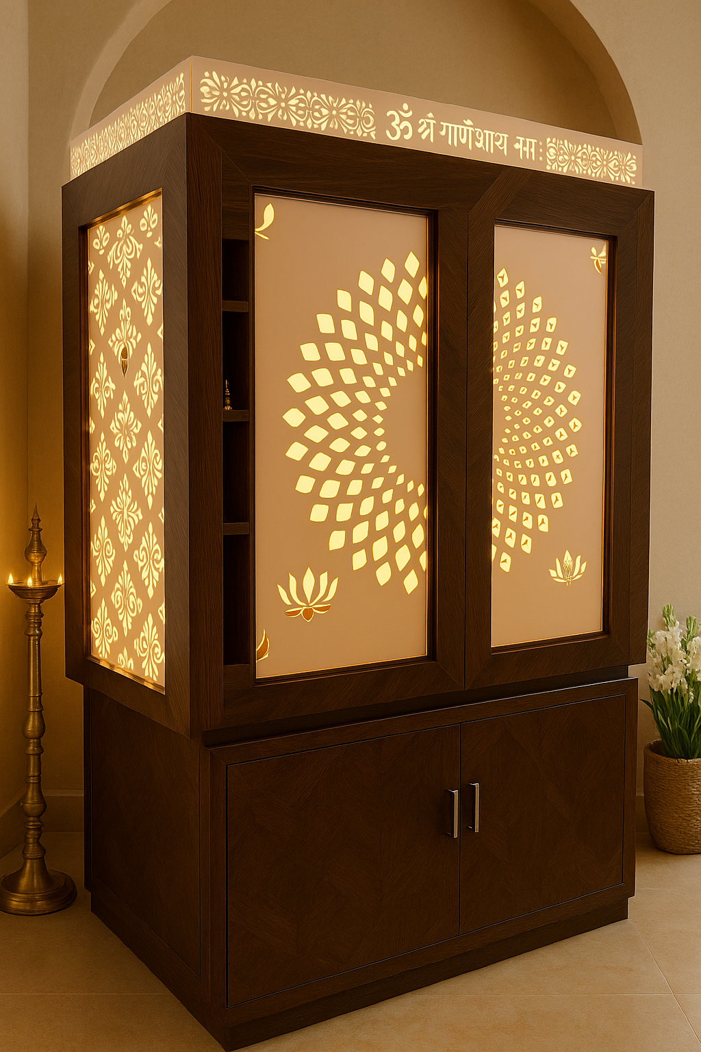 Wall-Mount Corian Mandir with Doors and Floating Shelves — Luxury Indian Home Interior — Satguru Creations