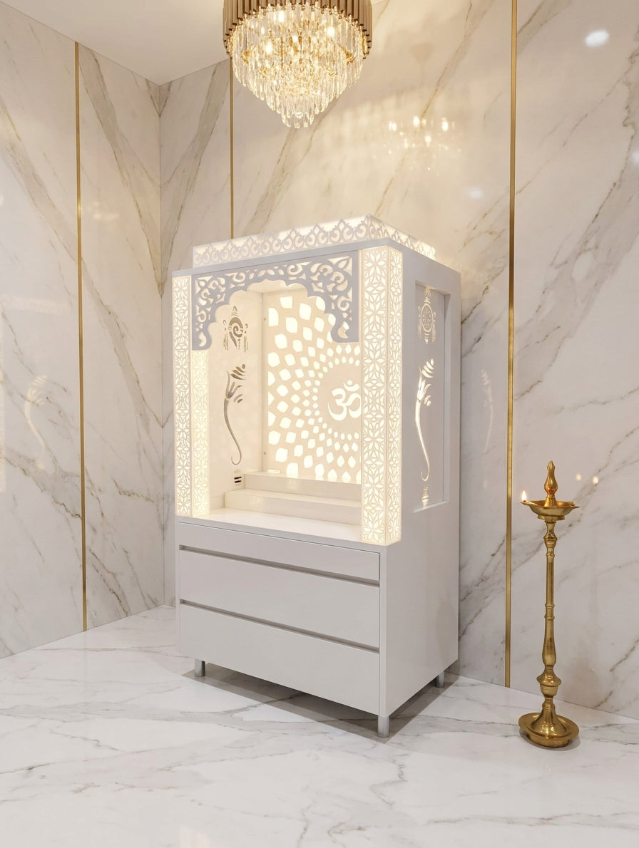 Compact Acrylic Mandir with Backlit Pillars for Apartments — Luxury Indian Home Interior — Satguru Creations