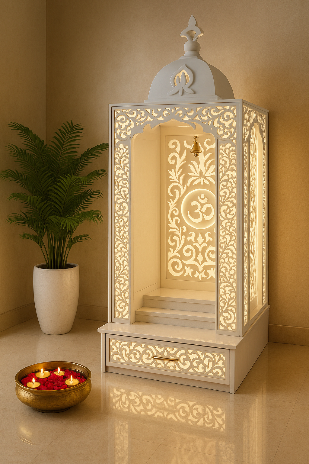 3-Step Backlit Dome Corian Mandir with LED Halo — Luxury Indian Home Interior — Satguru Creations