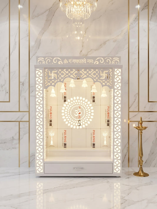 Wall-Mount Corian Mandir with Backlit Pillars — Floating — Luxury Indian Home Interior — Satguru Creations